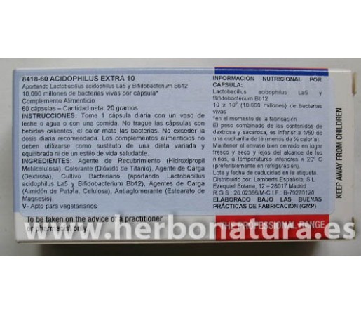 Acidophilus Extra 10 (10000 millones de bacterias amigas) 60 cápsulas LAMBERTS
