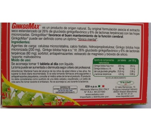 GinkgoMax Fórmula avanzada Ginkgo Biloba 30 comprimidos ESI