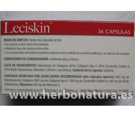 Leciskin colágeno hidrolizado, ácido hialurónico 36 cápsulas. NATYSAL