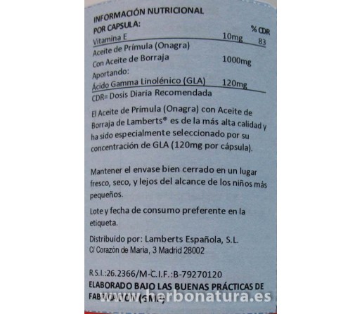Aceite de Prímula Extra Alta Potencia con Borraja 90 cápsulas LAMBERTS