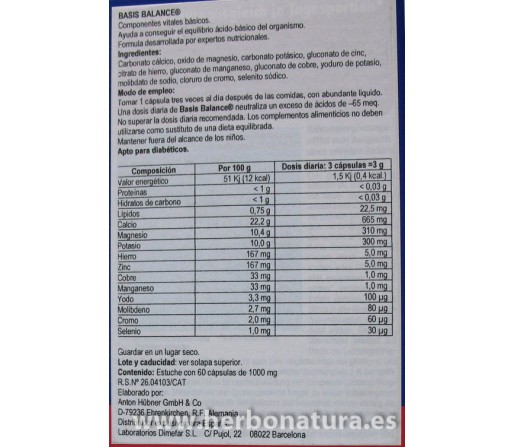 Basis Balance (Alcalinizante) 60 cápsulas LABORATORIOS DIMEFAR