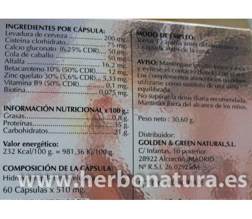 Capil-ung complemento para el cabello y uñas 60 cápsulas GOLDEN & GREEN