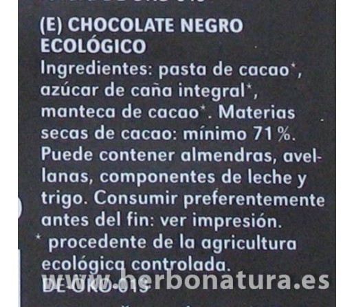 Chocolate 71% Cacao biológico 100gr. VIVANI