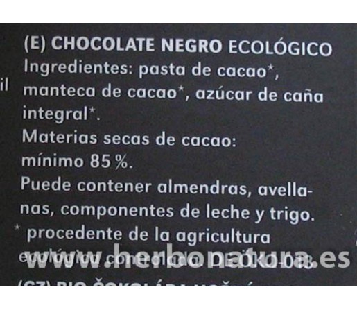 Chocolate negro 85% 100gr. biológico VIVANI