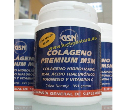 Colágeno Premium MSM, Acido Hialurónico, Magnesio y Vitamina C Naranja 354gr. GSN