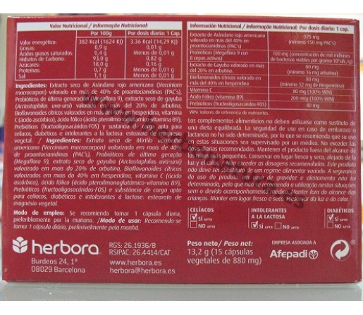 Cranberin Plus Arándano rojo, Probióticos, Gayuba, Bioflavonoides... 15 cápsulas HERBORA