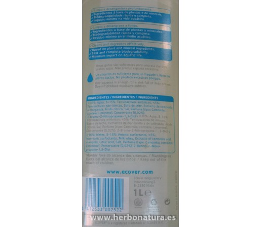 Detergente para vajillas manzanilla y suero de leche ECOVER 1 litro.