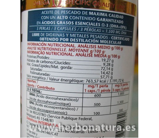 DHA adultos DHA y EPA Libre de Doixinas y Metales Pesados 90 perlas INTERSA
