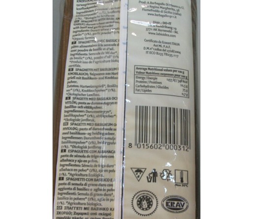 Espaguetis con albahaca y ajo ecológicos 500gr. NATURSOY