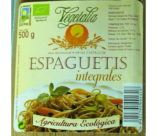 Espaguetis integrales ecológicos 500gr. VEGETALIA
