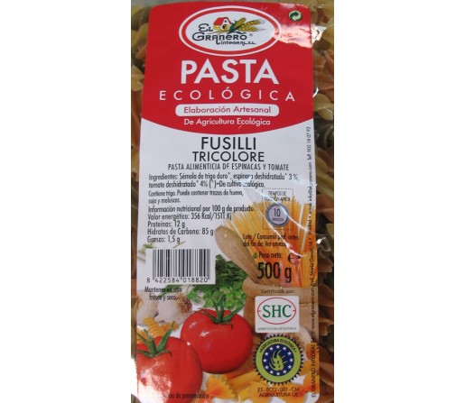 Fusilli tricolores ecológico 500gr. EL GRANERO integral