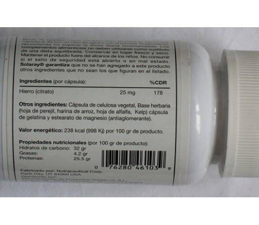 Hierro Iron (citrato de Hierro) 60 cápsulas vegetales SOLARAY