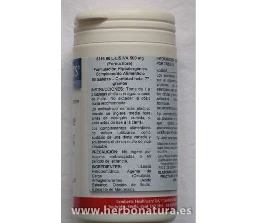 L-lisina 500mg. forma libre