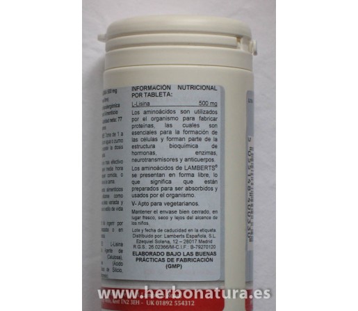 L-lisina 500mg. forma libre