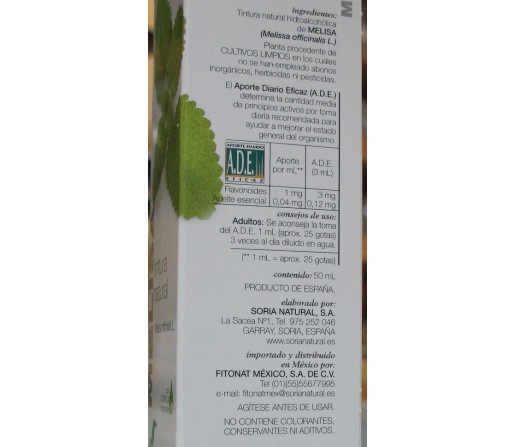 Melisa Extracto, tintura natural 50ml. SORIA NATURAL