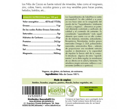 Nibs de Cacao Puro Biológico y Orgánico Superalimento 250gr. SALUD VIVA