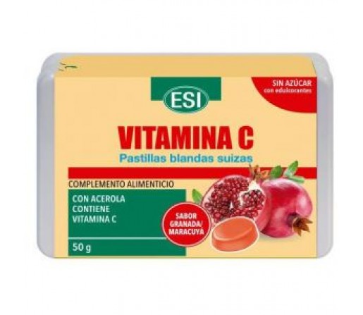Vitamina C, Acerola sin Azucar sabor Granada Maracuya 50gr. de pastillas blandas suizas ESI