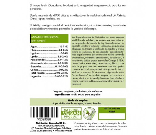 Reishi Ecológico Crudo Bio Polvo Fuerza Vital, Anti-Stress 125gr. SALUD VIVA