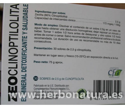 Zeoclinoptilolita Zeolita Mascarilla detoxificante 30 sobres de 2,5gr. CFN
